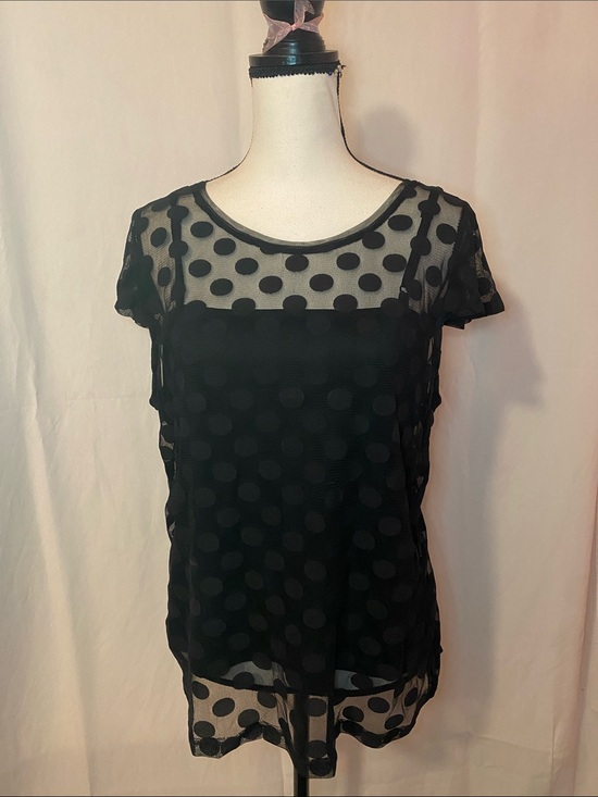 INC International Concepts Tops - INC International Concepts Black Polka Dot Mesh Short Sleeve Blouse